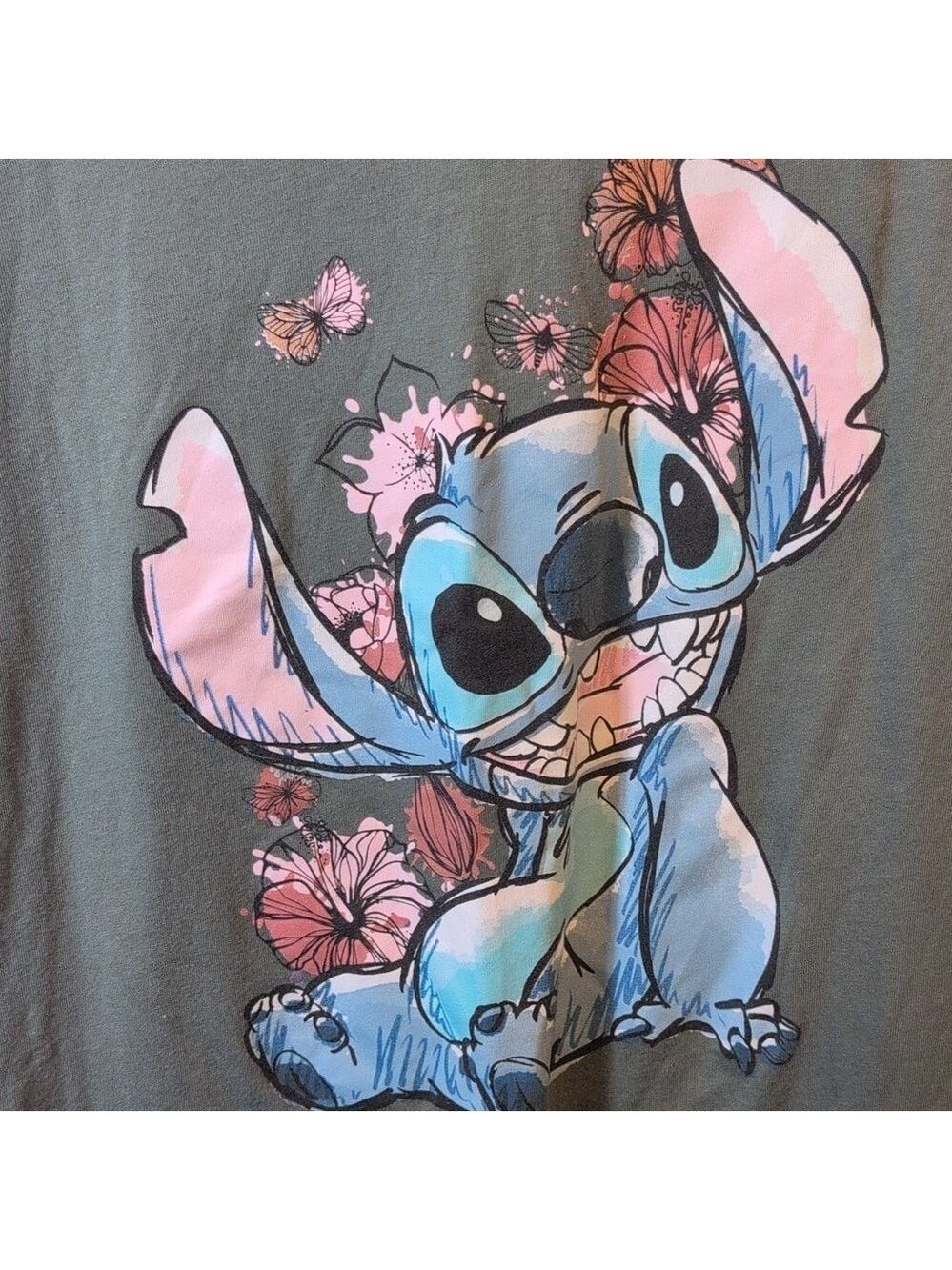Juniors XL • Disney • Olive Green Graphic Tee with Stitch and Floral Design - Picture 4 of 7